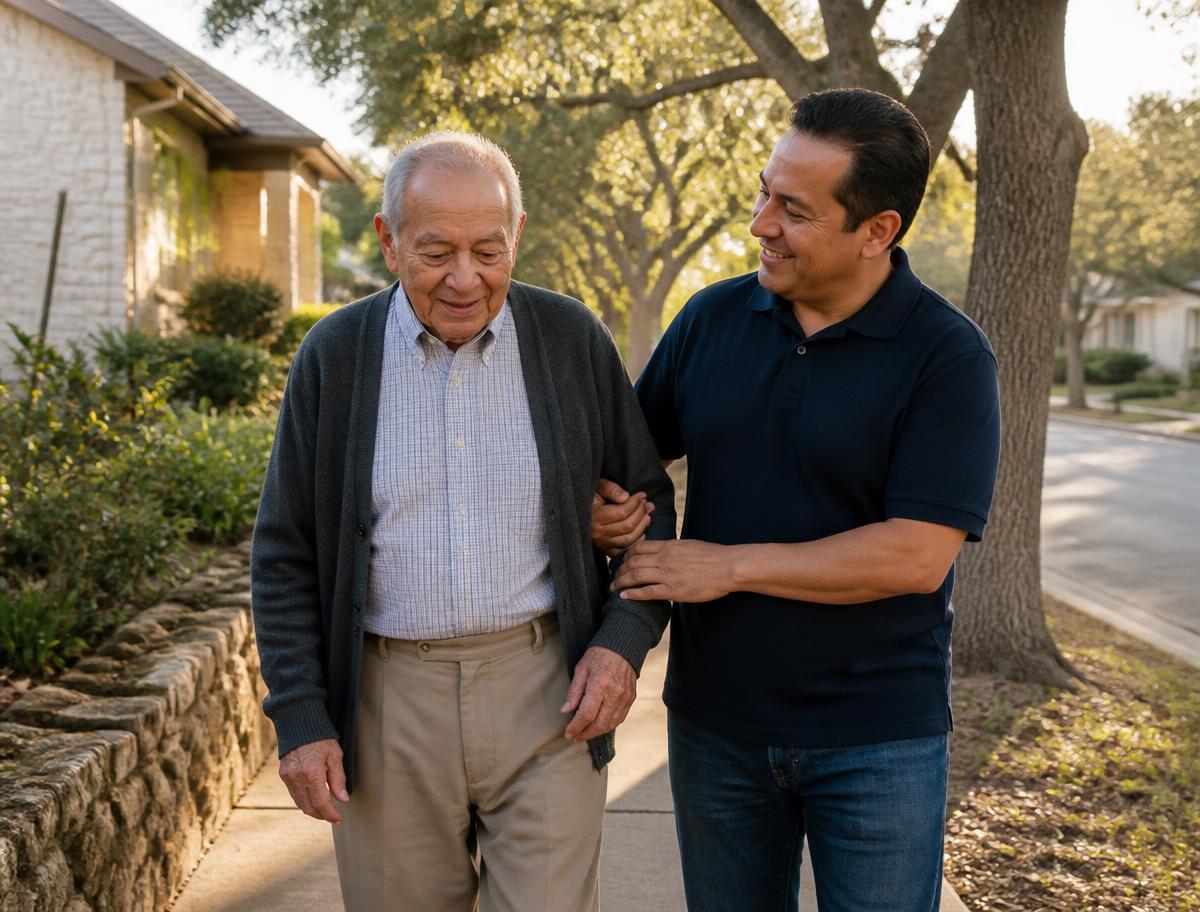 A caregiver steadying an older man as they walk along a tree-lined San Antonio sidewalk